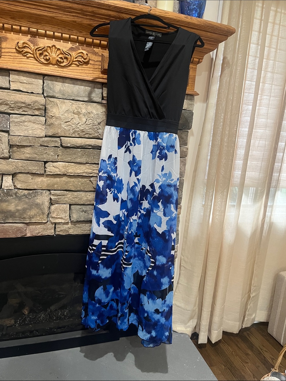 Sleeveless Black & Blue Floral Maxi Dress
